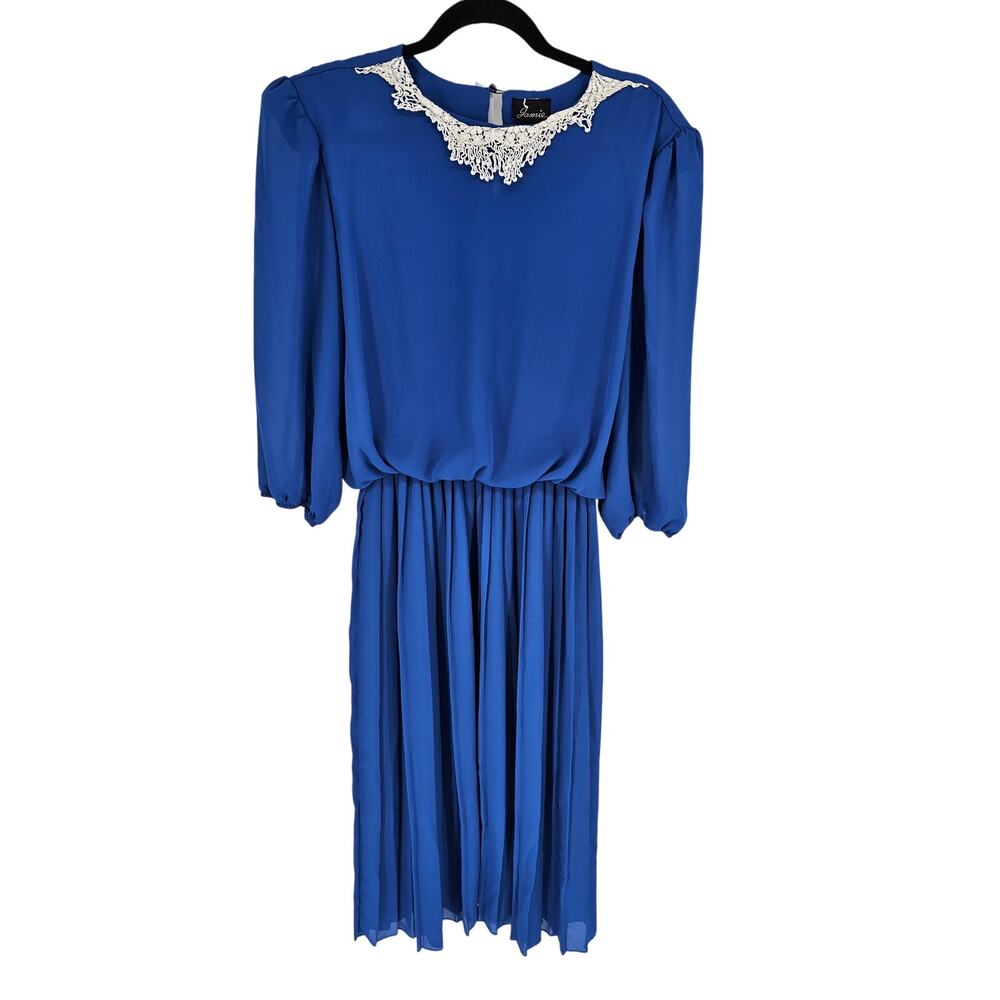 Vintage 1990s Jamie Womens Sz L Midi Length Formal Dress Blue Crochet Collar